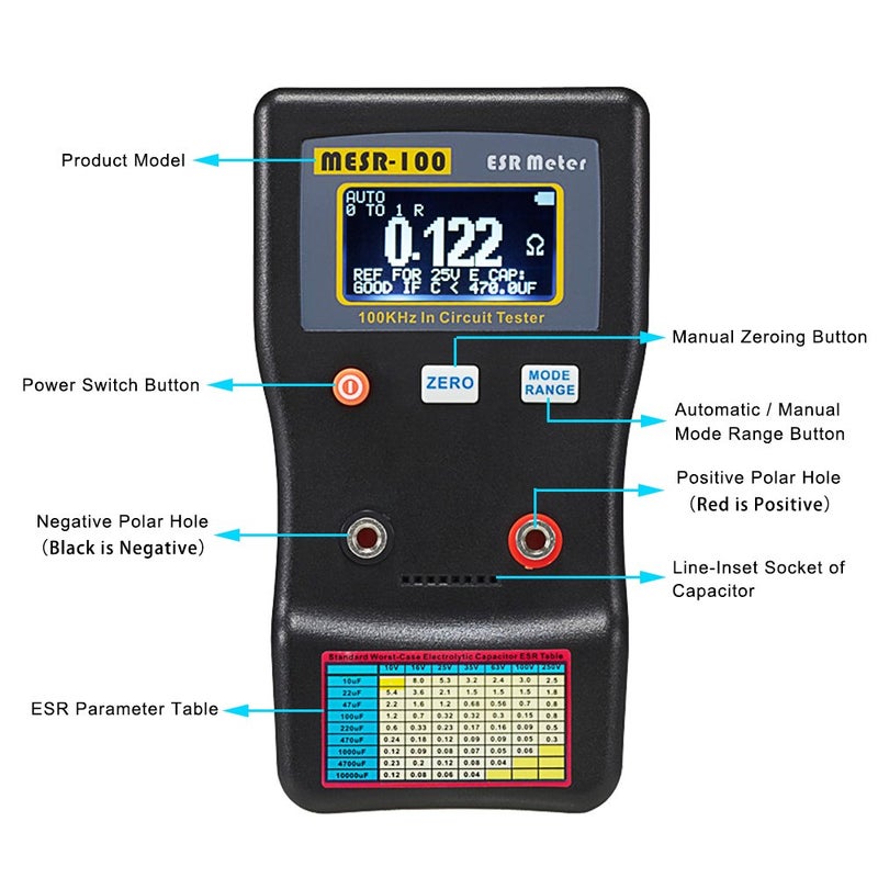 Signstek MESR-100 V2 Auto Ranging in Circuit ESR Meter Capacitor Tester/Low Ohm Meter Up to 0.01 to 100R, Support in Measuring Capacitance Resistance Circuit - Image 3